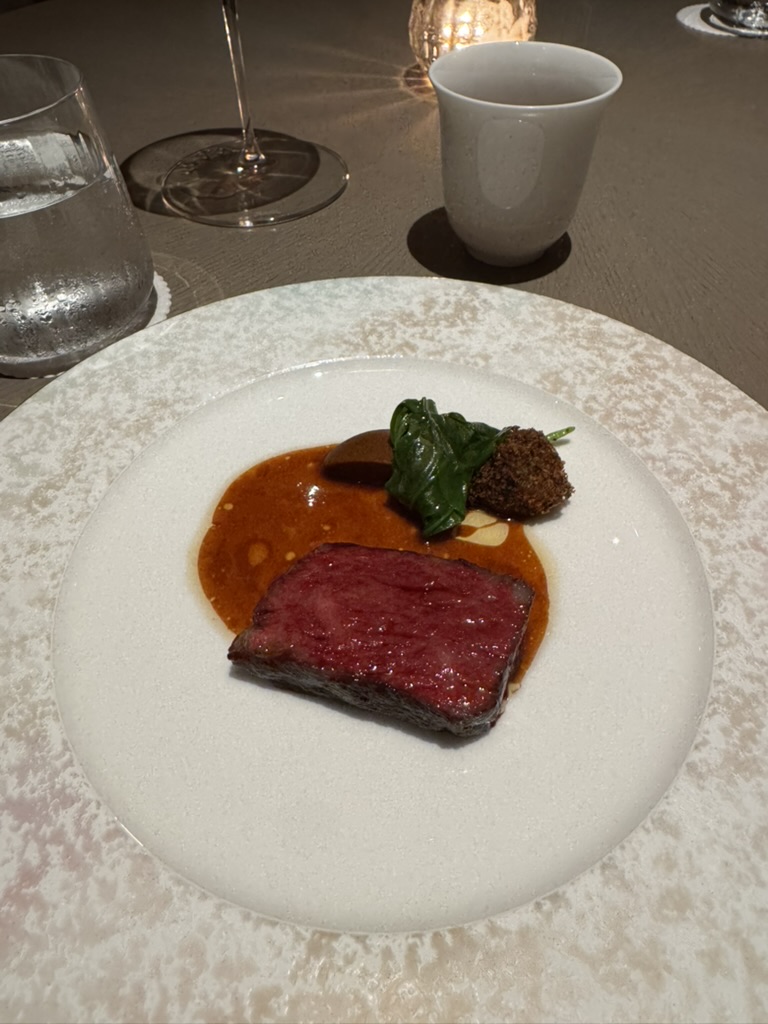 Steak course with sauce, greens, and a crisp bite