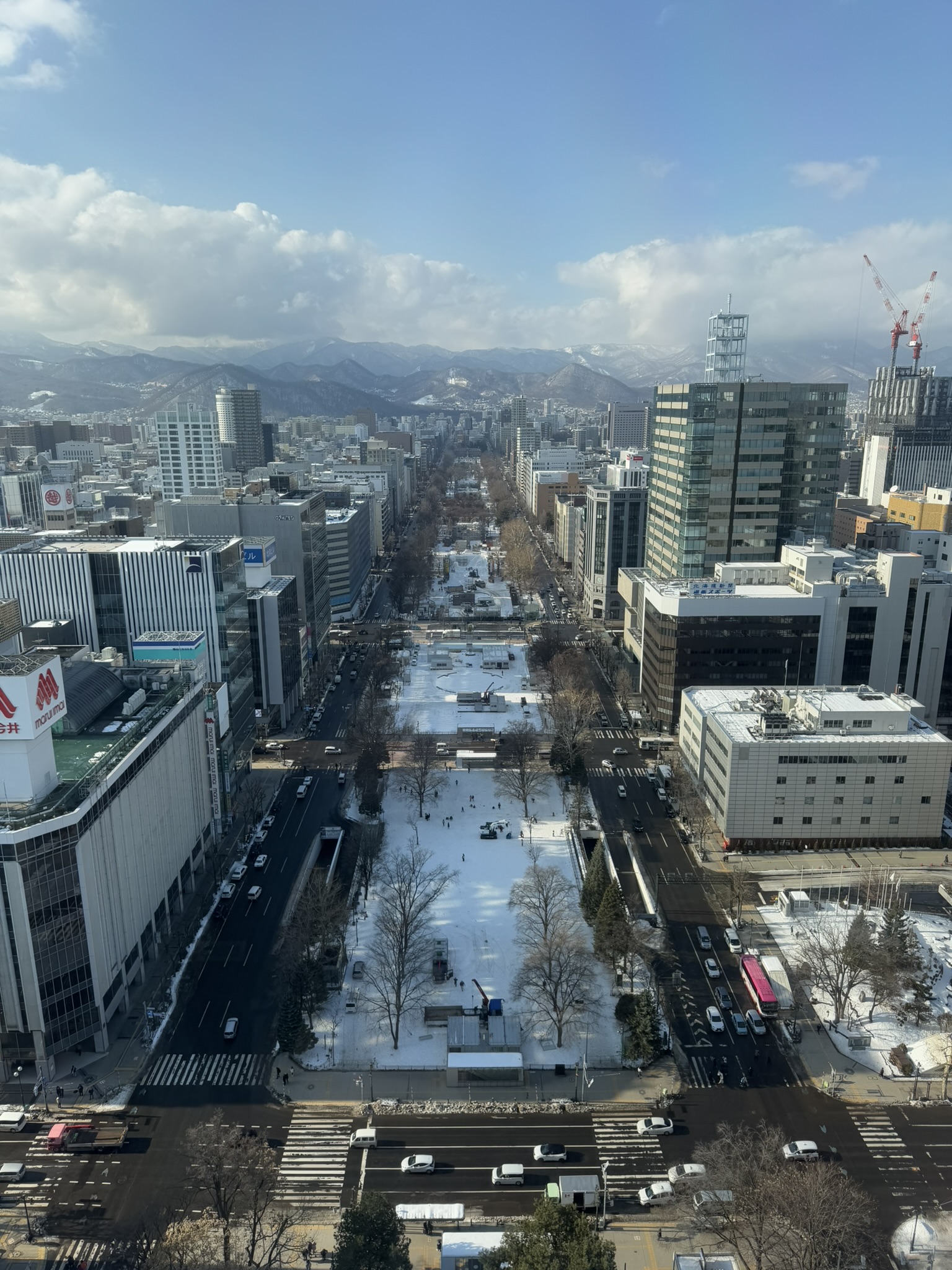 View from Sapporo TV Tower overlooking snowy Odori Park and the city