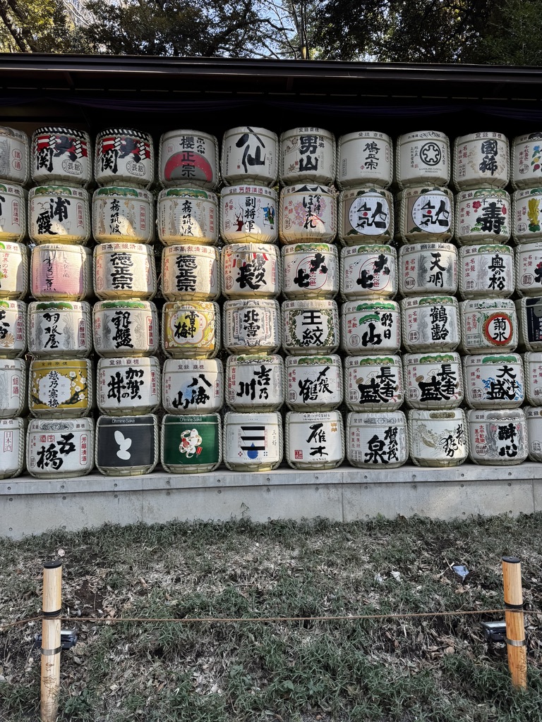 Decorative sake barrels displayed at Meiji Jingu