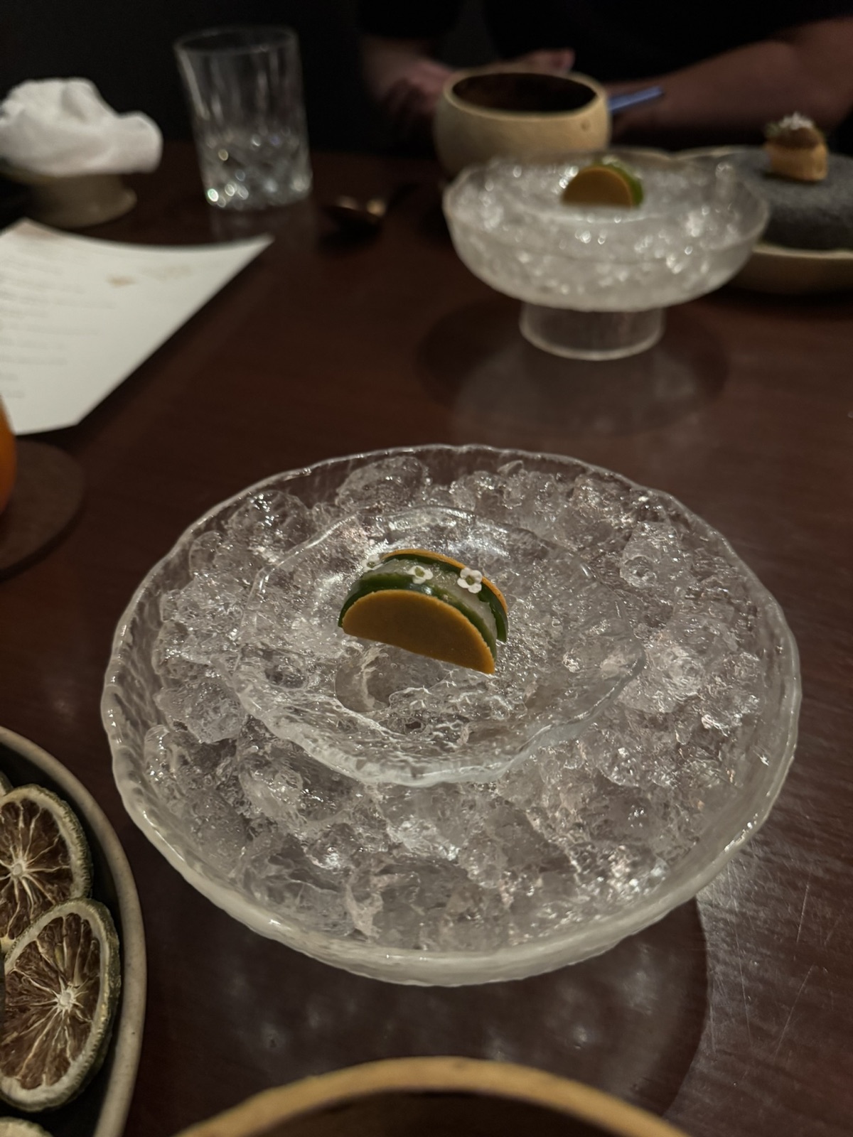 A chilled Saawaan course served on crushed ice in a clear glass bowl