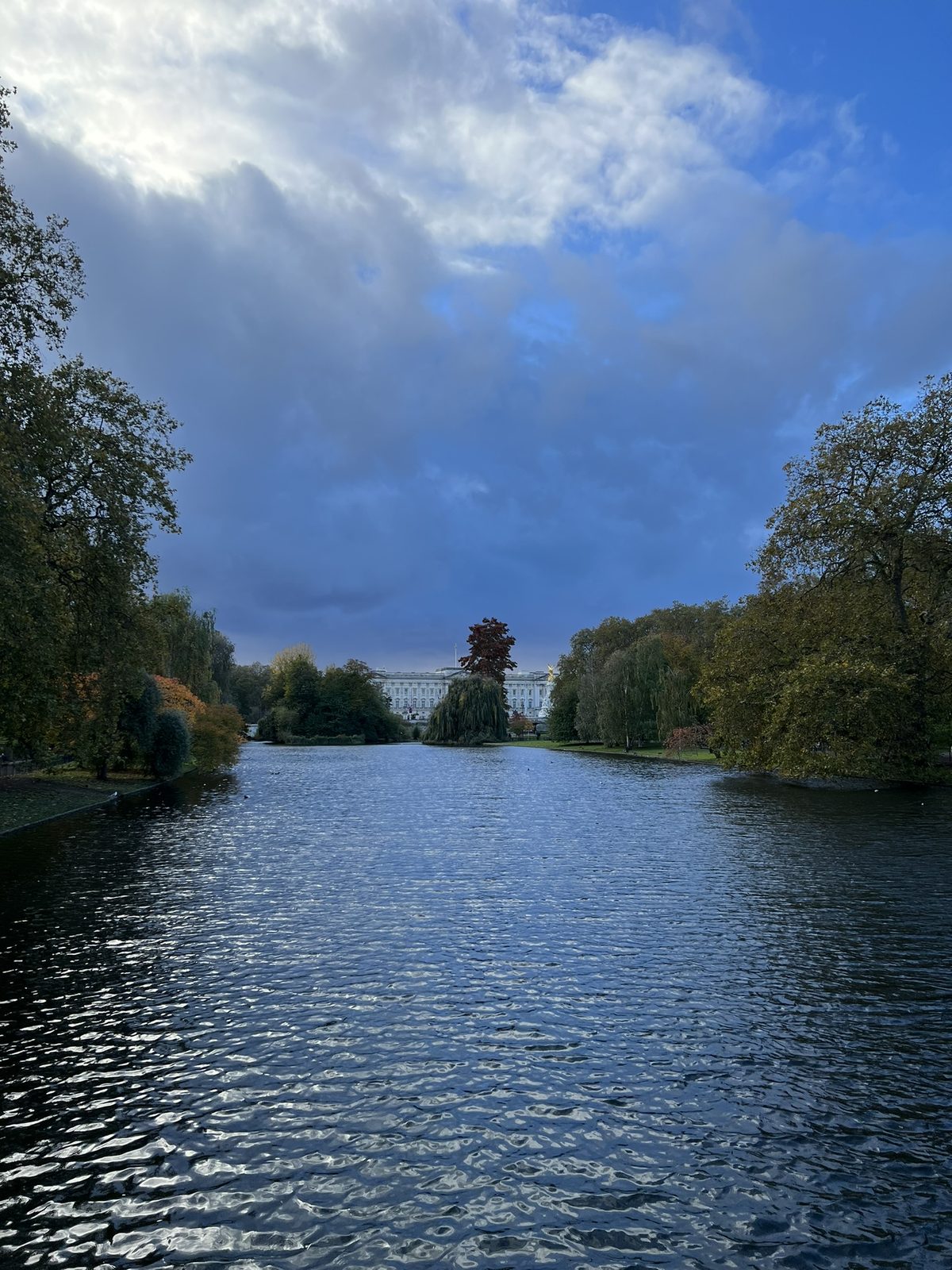 Quiet St James's Park lake with Buckingham Palace in the distance